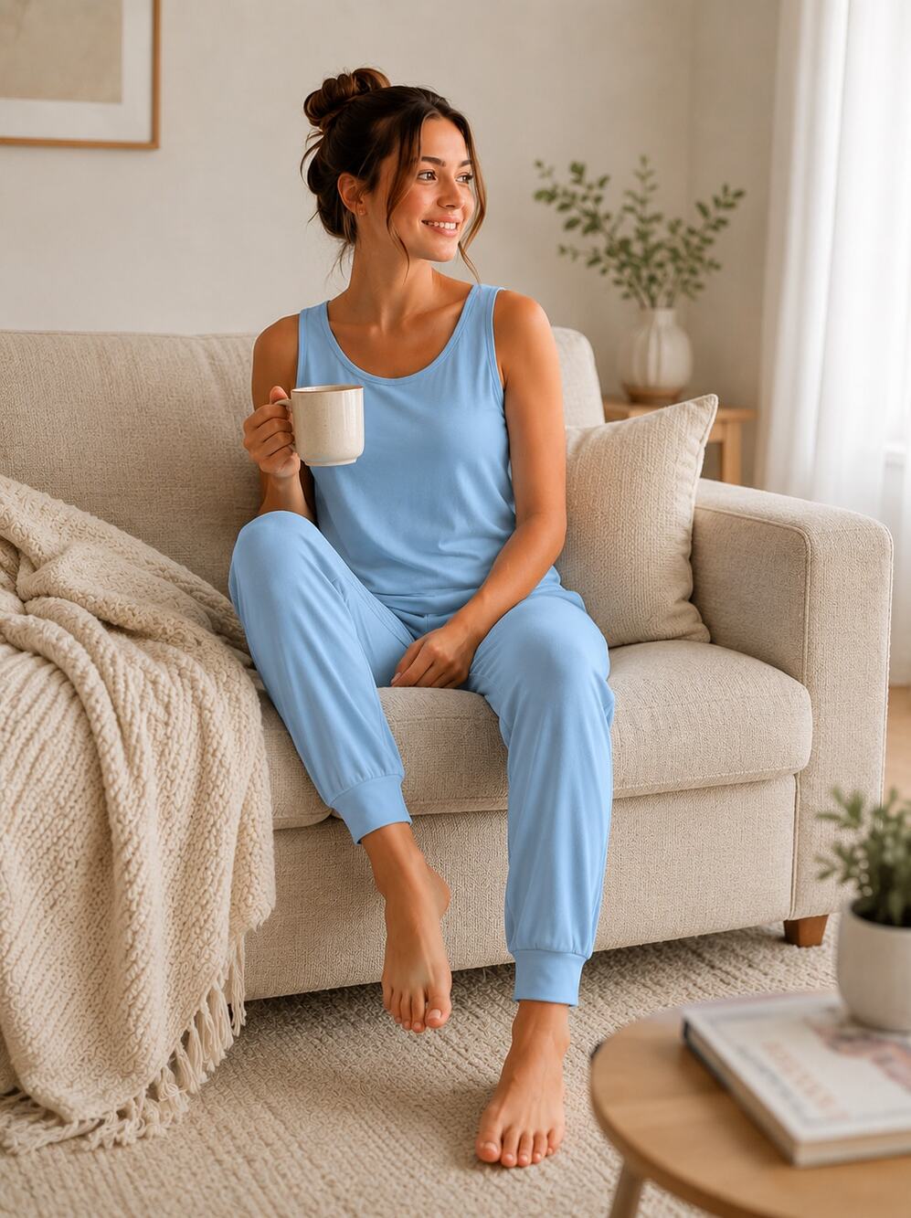 Only Hearts Cotton Lounge Pajama Set Blue Tank Top Jogger Pants Sleepwear M NWT
